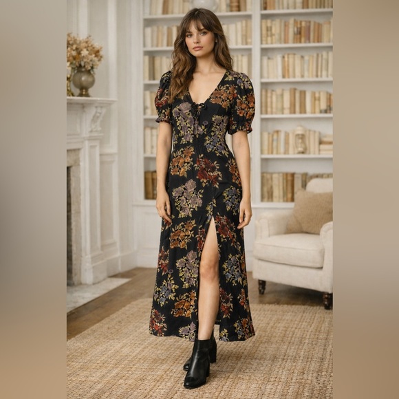 ASOS Dresses & Skirts - ASOS Dark Floral Midi Dress Puff Sleeve Lace-Up Front Slit Romantic Cottagecore